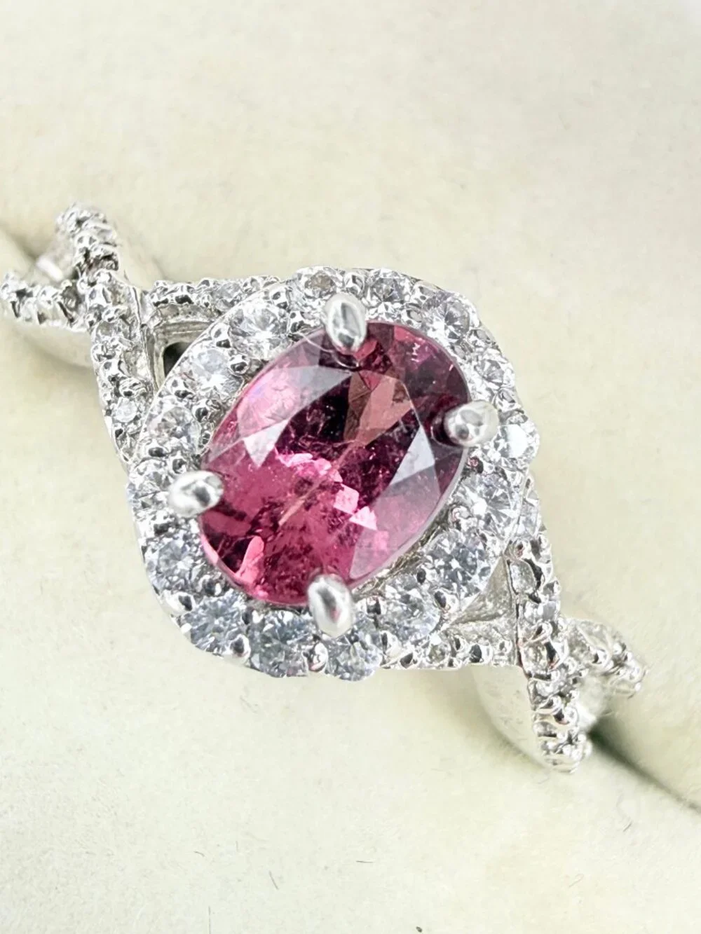Charming Marked BBJ Sterling Silver Pink Lab Tourmaline Halo Ring Sz 10